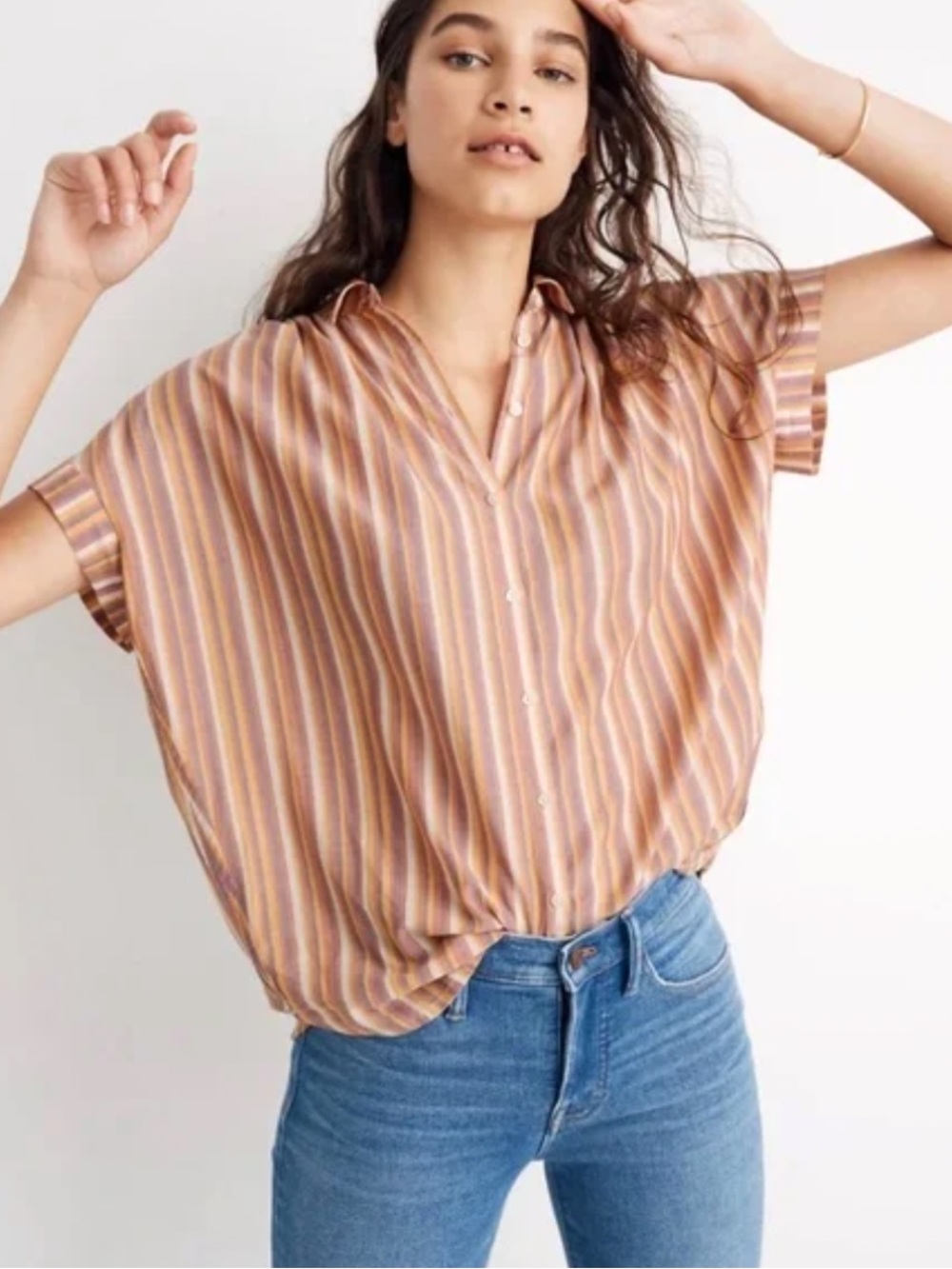 Madewell Central Shirt Peach & Yellow Striped Button-Down 100% Cotton Boxy Fit